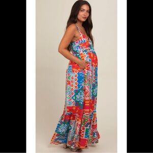 PinkBlush | NWT Blue Multi-Color Abstract Print Tiered Maternity Maxi Dress